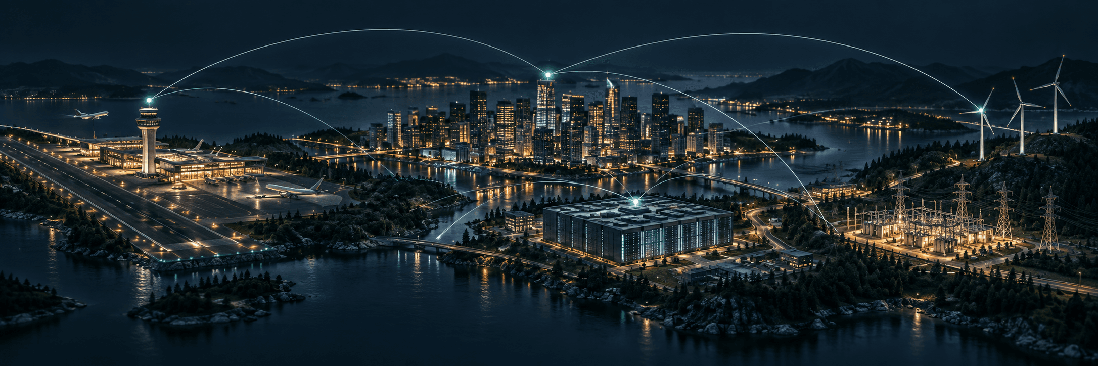 Conceptual illustration connecting an airport, city, data center and energy infrastructure at dusk